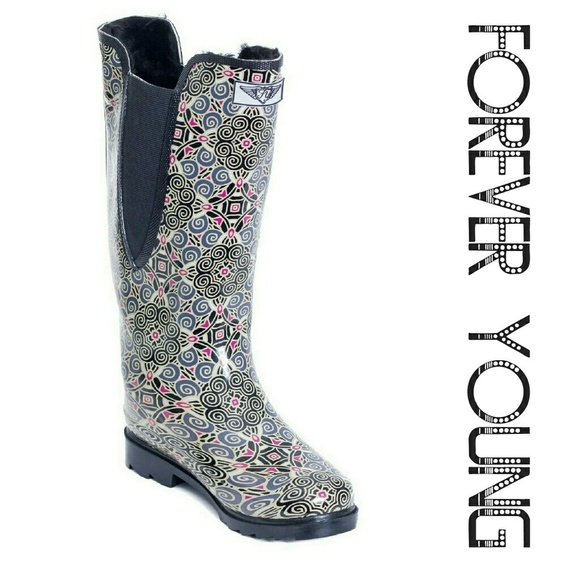 Women's Rainboots, Tall Faux Fur Lined Rain Boots, #1531, Beige - Picture 1 of 4